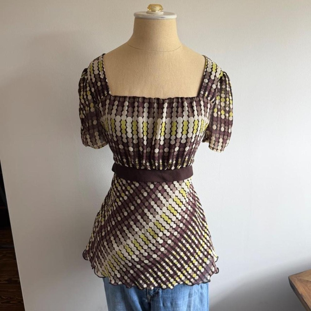 Vintage Cato Y2K Polka Dot Puff Sleeve Babydoll Blouse Brown Green Small